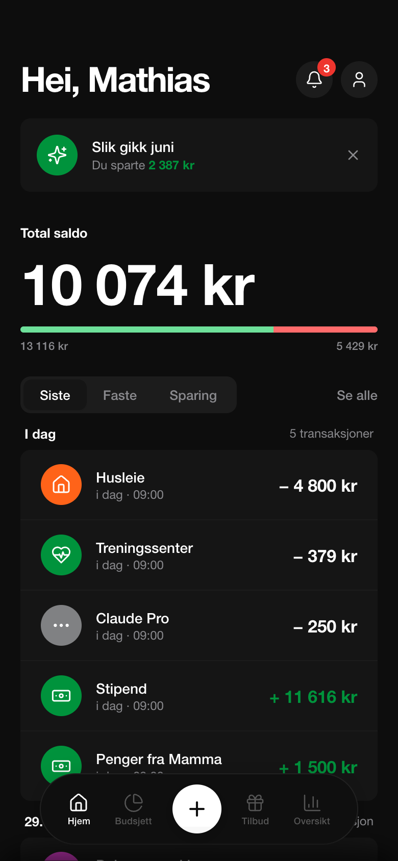 Mynt hjemskjerm med total saldo og siste transaksjoner